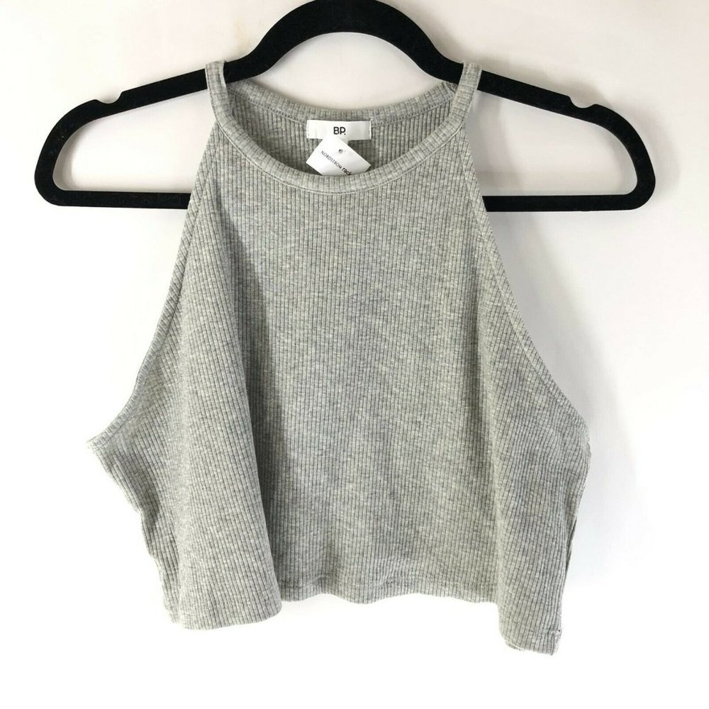 BP Womens Crop Top Ribbed Knit Halter Neck Sleeveless Gray